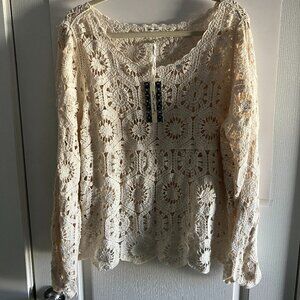 Pretty Ultra Pink Size X Large Beige Long Sleeve Crochet Shirt Women New W/Tags.